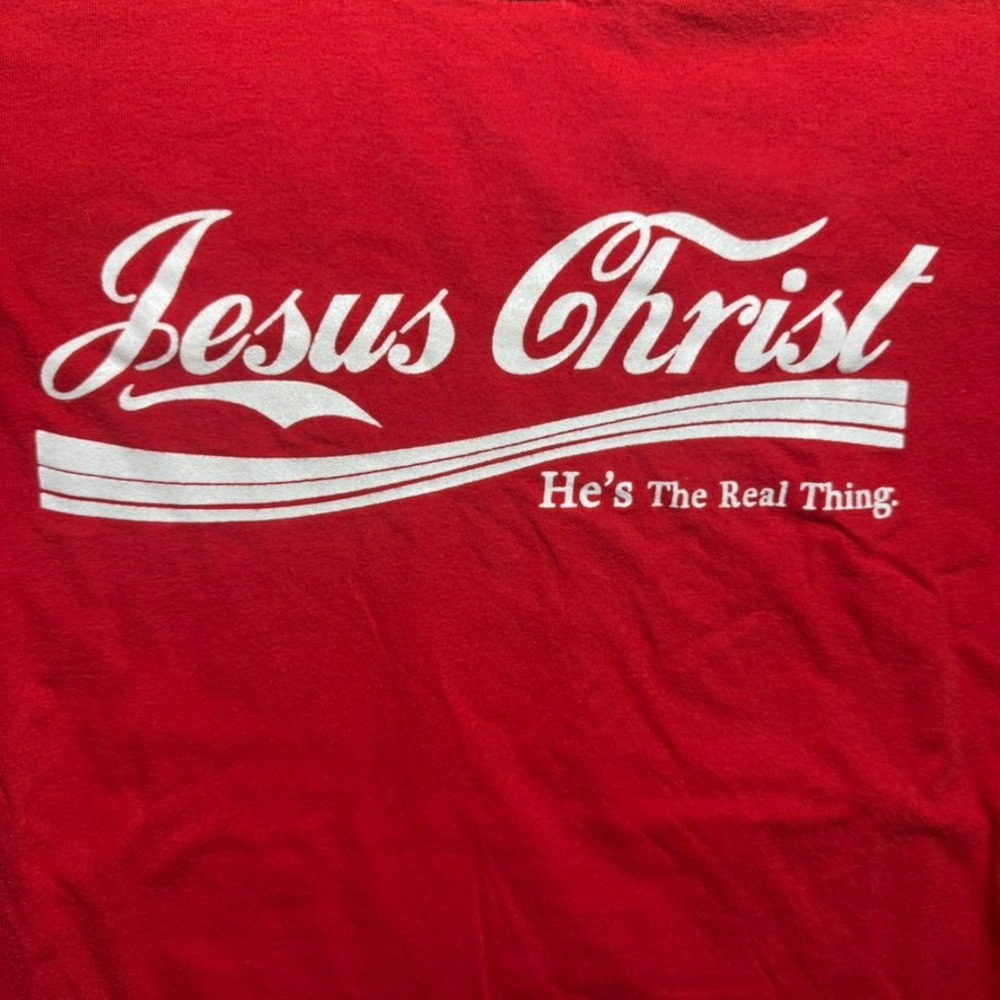 Jesus Christ He's The Real Thing Coca Cola Style Graphic T-Shirt Red